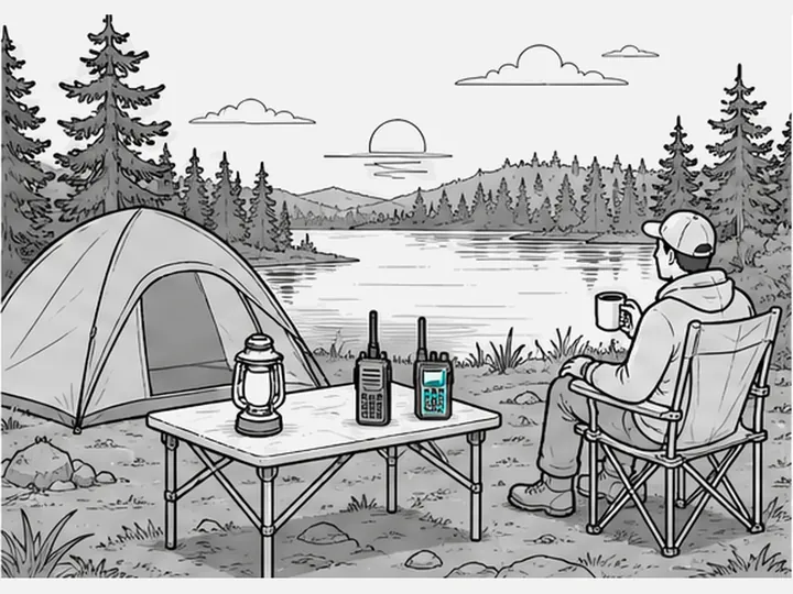 A lakeside campsite at dusk with two walkie-talkies on a camp table