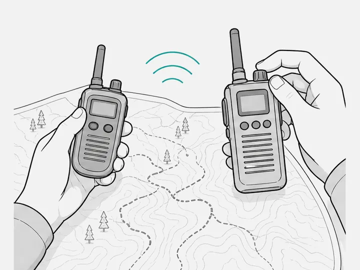 Two walkie-talkies of different shapes facing each other with teal signal arcs between them