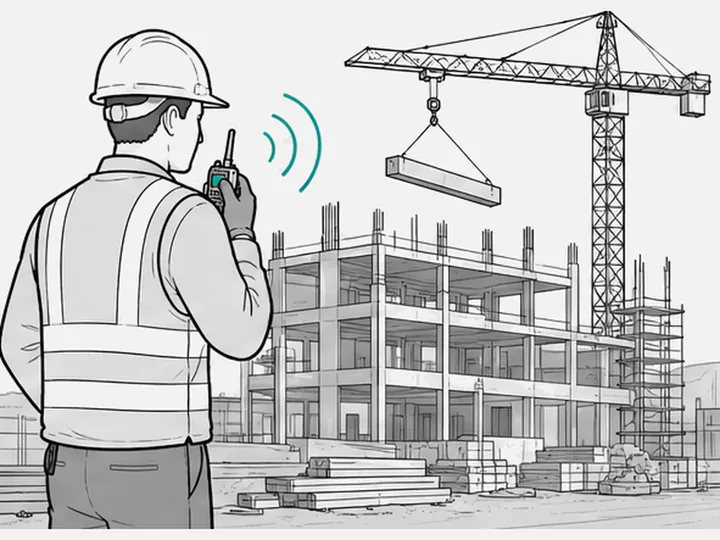 A construction worker in a hard hat speaking into a radio in front of a crane and a concrete frame