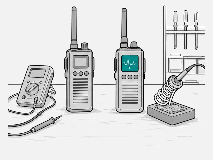Two professional radios on a technician's bench, the right one showing a digital waveform