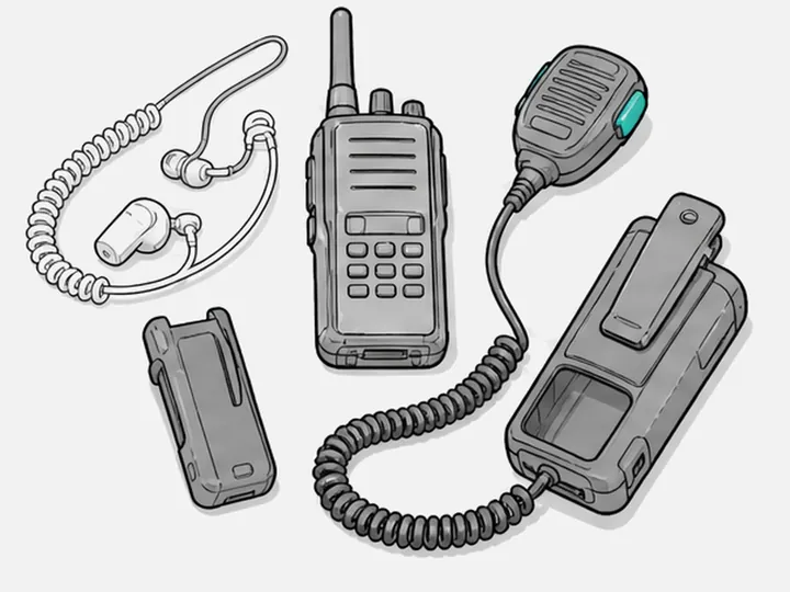 A person wearing an earpiece connected to a radio on the belt