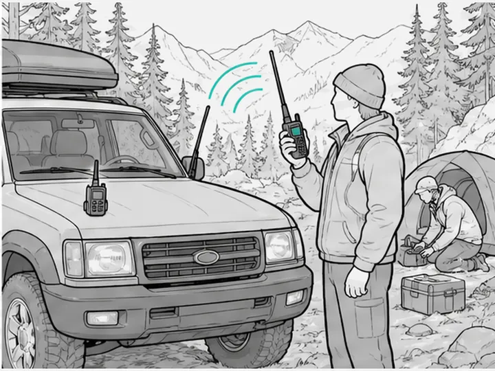 A family car at a forest campsite and two adults with radios, one with a longer GMRS antenna