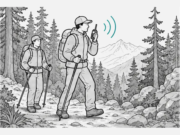 Two hikers on a forest trail, the front one speaking into a walkie-talkie