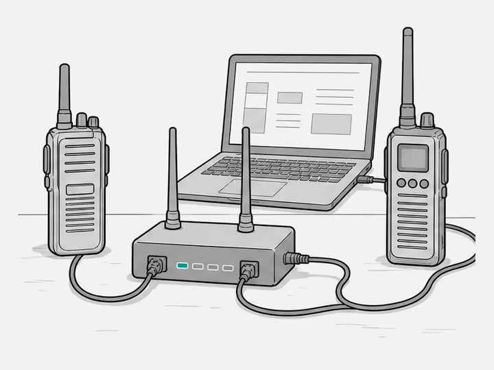 A gateway box linking a walkie-talkie and a professional radio