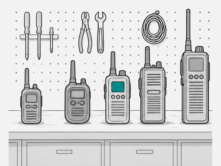 Five handheld radios of different types side by side, from a small walkie-talkie to a tall dual-band radio