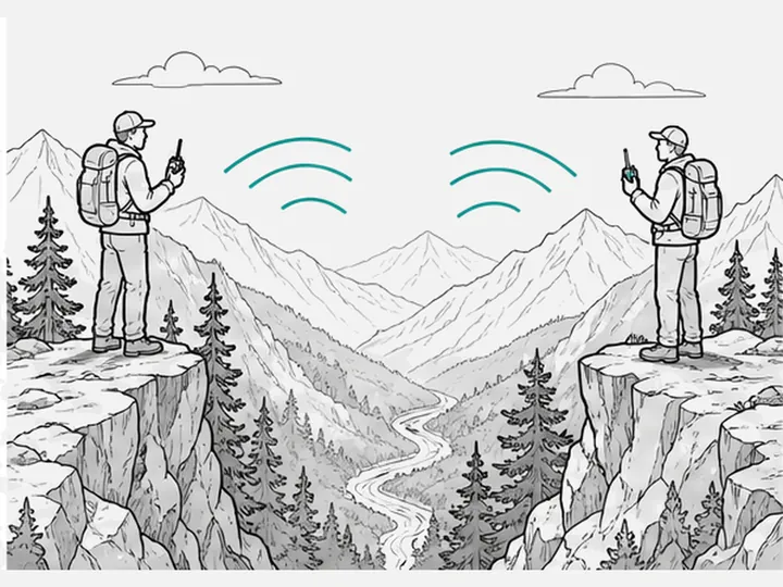 Two hikers on rocky ridges across a valley, each with a walkie-talkie