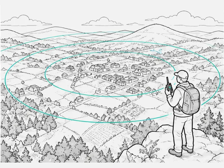 A hiker on a hilltop with a radio and range rings spreading over the countryside below