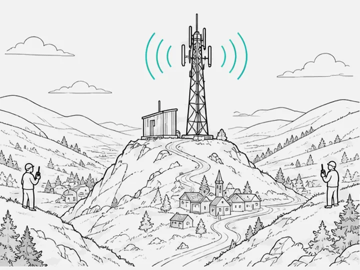 A radio tower on a hilltop with teal signal arcs and two people with walkie-talkies in the valleys on either side