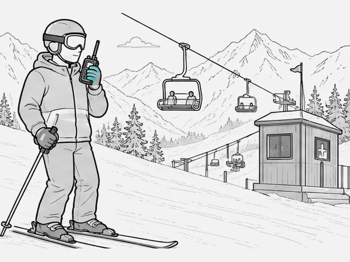 A skier on a slope speaking into a compact walkie-talkie, a chairlift behind